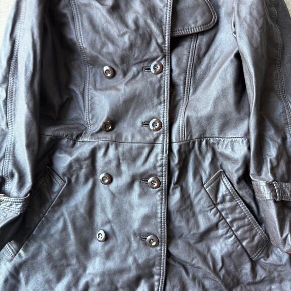 VINTAGE 70S 80S BROWN LEATHER TRENCH COAT JACKET PATINA FITS WOMENS MEDIUM - Picture 2 of 6